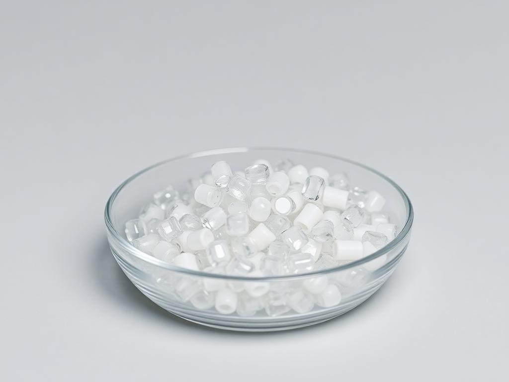 Small heap of clear glassy PETG copolyester pellets on a neutral studio background