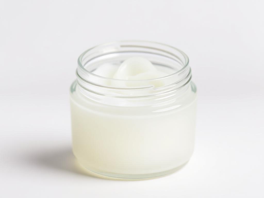 Open glass jar of translucent white petroleum jelly with a smooth swirled surface on a bright neutral studio background