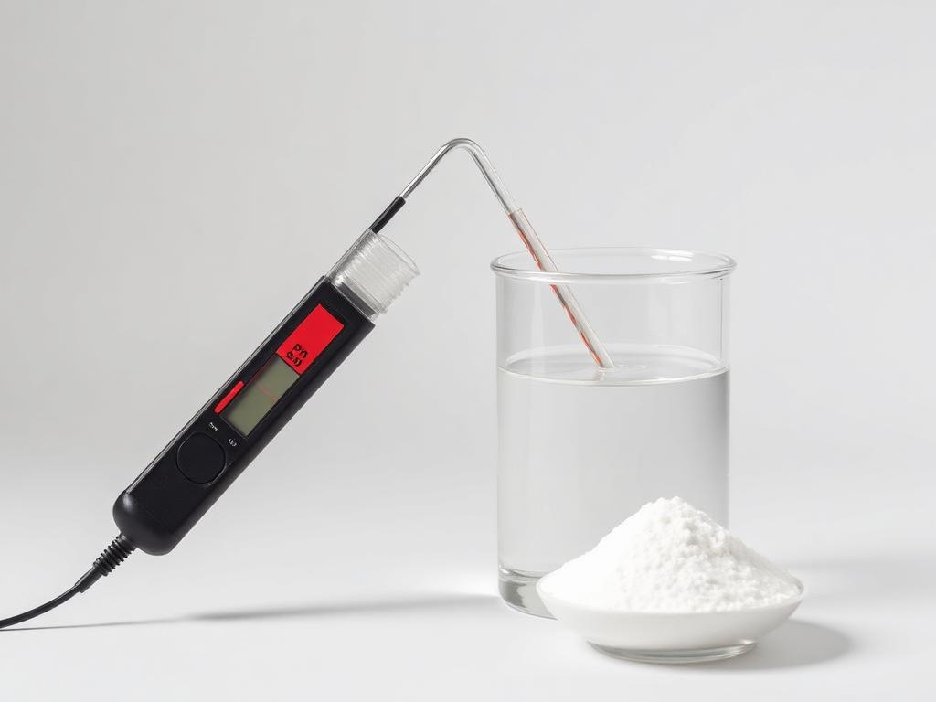 Studio category illustration for pH Adjusters & Chelating Agents — pH meter in a beaker with chelating agent powder