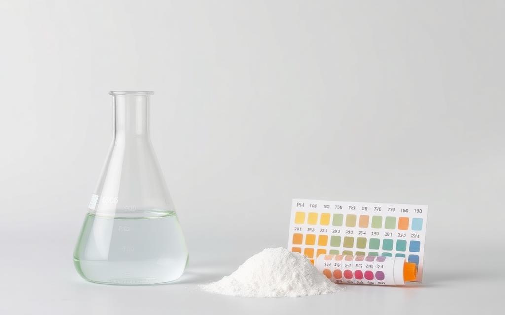 Studio category illustration for ph & alkalinity control — a laboratory flask, white powder and a pH colour chart
