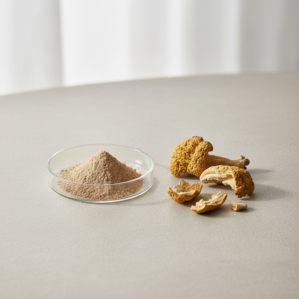 Illustrative studio sample of Phellinus Mushroom Extract beside Phellinus linteus source material