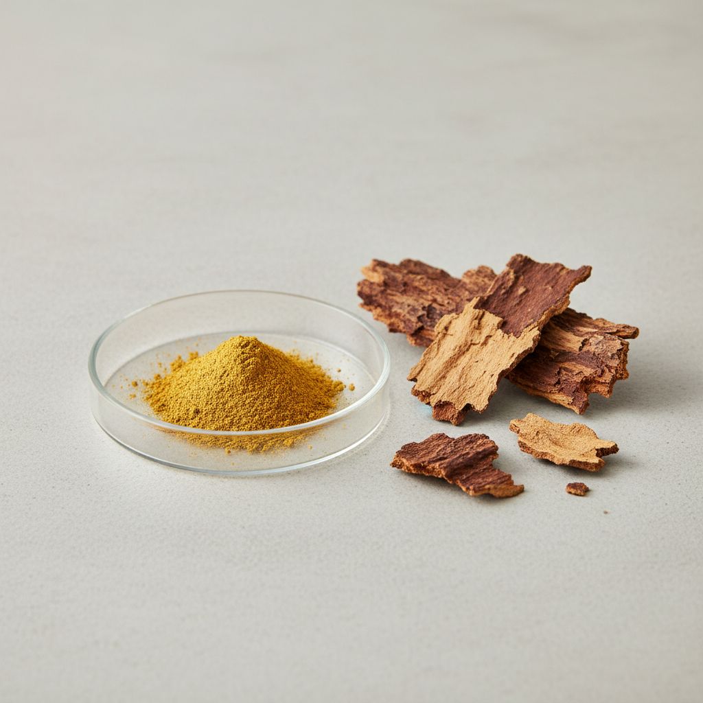 Illustrative studio sample of Phellodendron Bark Extract beside Phellodendron amurense source material