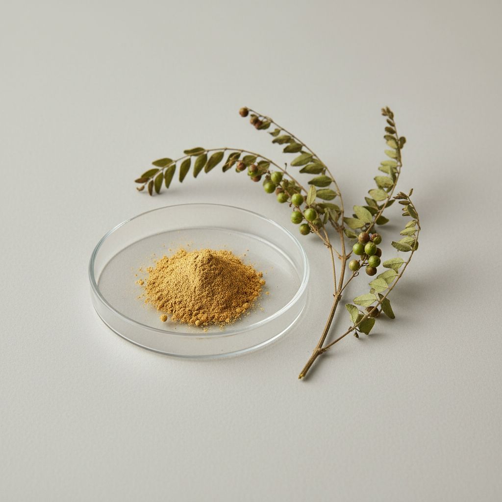 Illustrative studio sample of Phyllanthus Urinaria Extract beside Phyllanthus urinaria source material