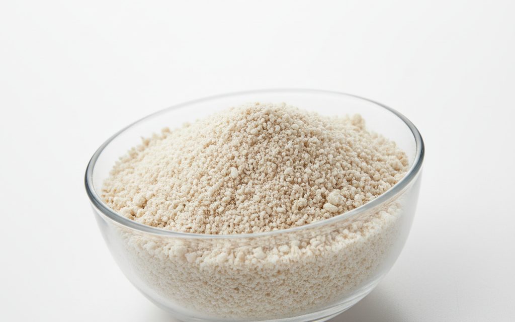 Phytase — off-white to light brown granular or powder form, or a clear to amber liquid, typically seen as dry micro-granules, studio product photograph