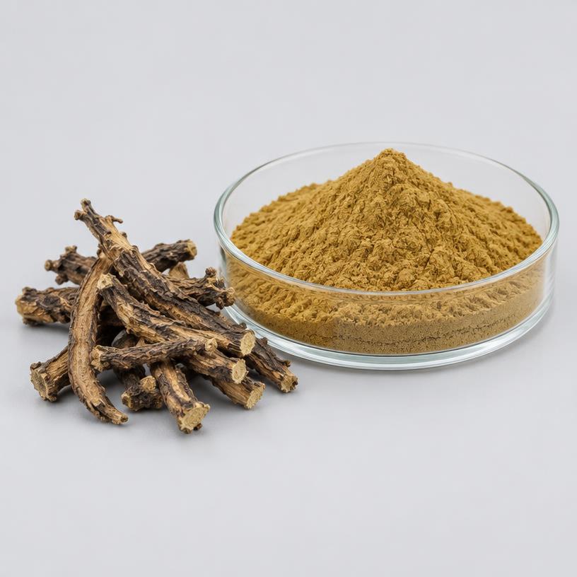 Picrorhiza Extract — Supplement Grade — studio photograph of fine extract powder, presented as a B2B sourcing category illustration