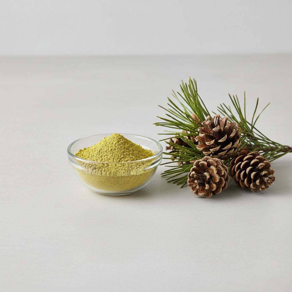 Illustrative studio sample of Pine Pollen Powder beside Pinus spp. source material