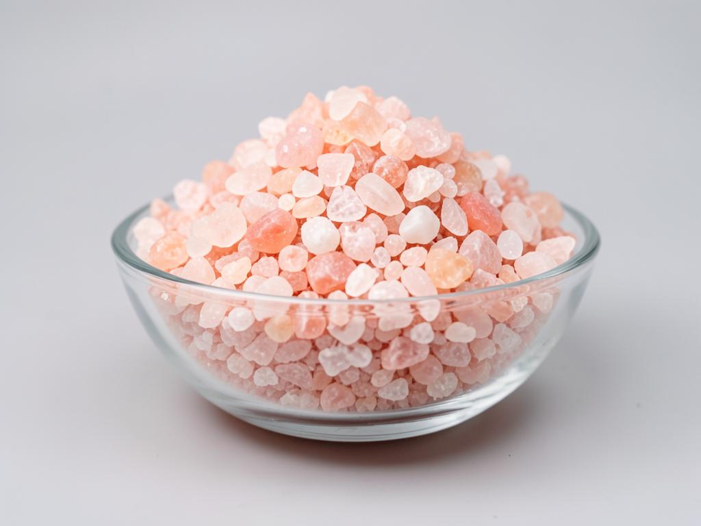 Pink Himalayan Salt shown as a crystalline mineral salt in a shallow dish in a neutral studio photograph