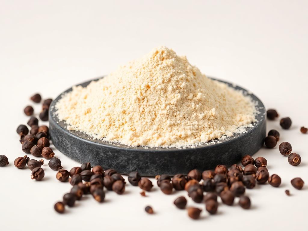 Piperine — studio photograph of the pale yellow to off-white crystalline powder as supplied in bulk