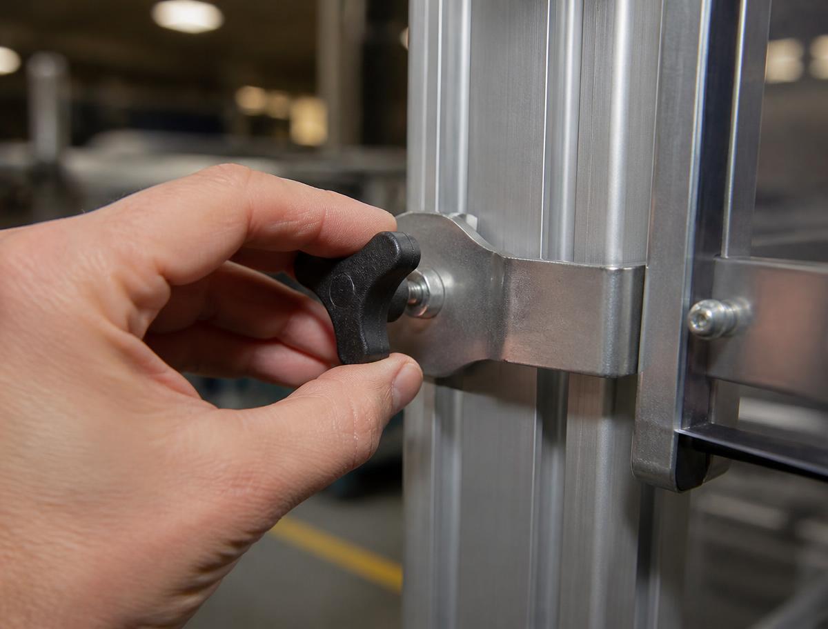 Hand turning a black three-lobe clamping knob on an aluminium extrusion machine guard bracket