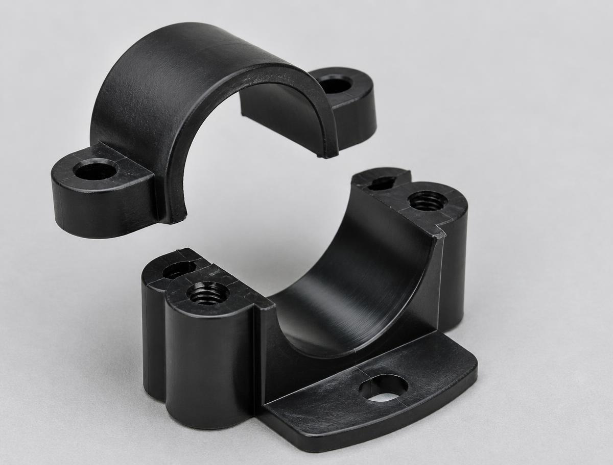Two-piece black plastic tube clamp opened into its upper and lower halves, showing the bore, screw bosses and mounting foot