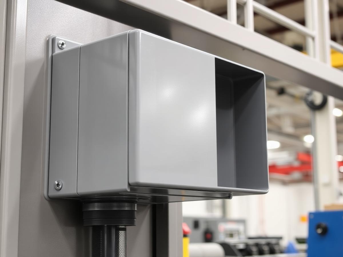 Unbranded grey plastic enclosure wall-mounted on a machine frame in a factory with a cable entering through a gland underneath