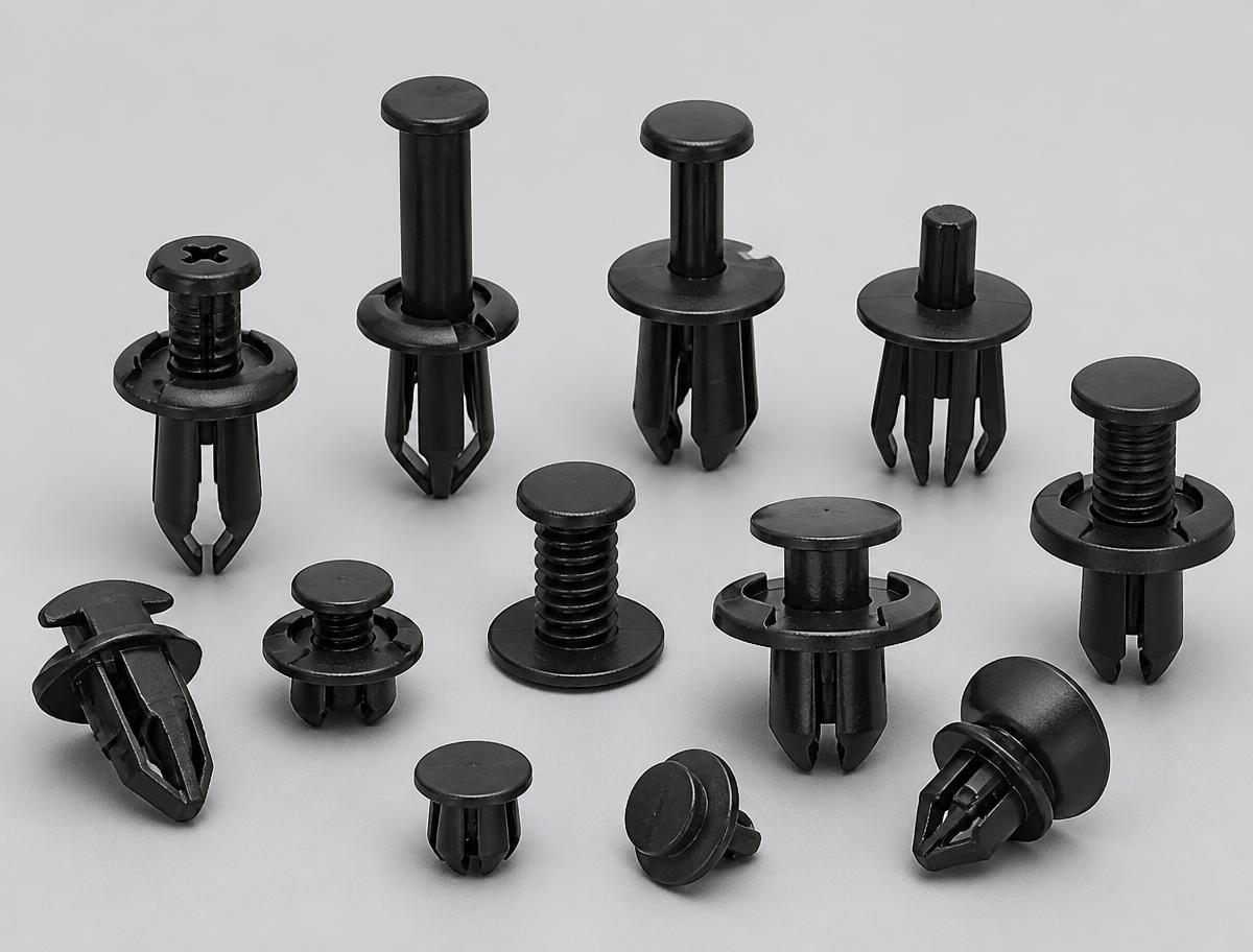 Assortment of black nylon expansion rivets, push pin retainers and trim panel clips in several sizes