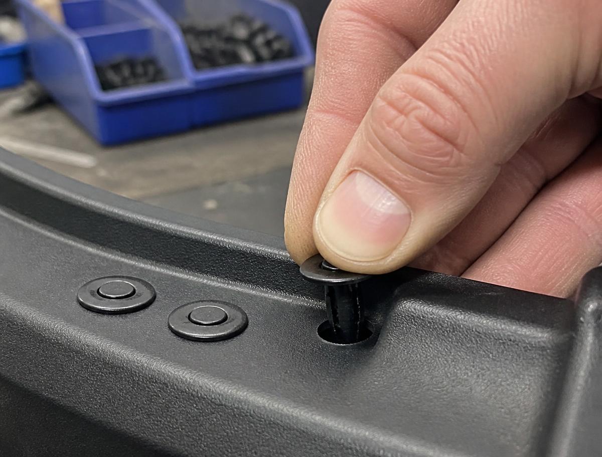 Thumb pressing a black push-in rivet into a hole in a moulded panel on an assembly bench, with two rivets already seated flush