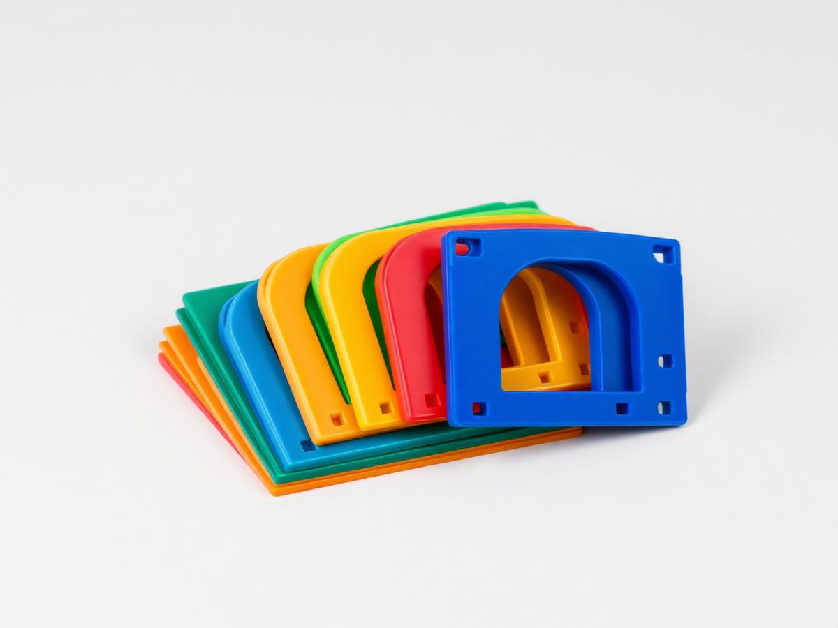 Stack of colour-coded flat and horseshoe plastic construction shims in several thicknesses