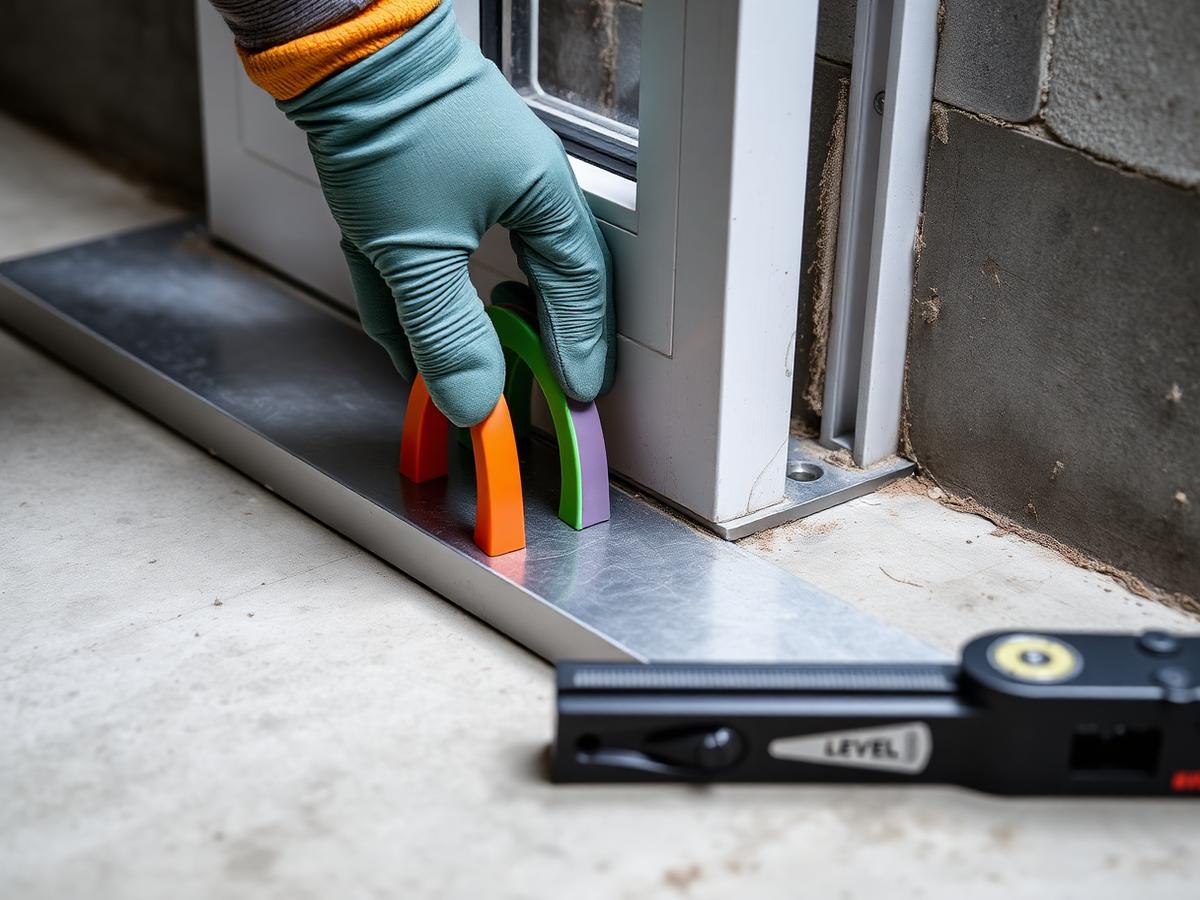 Gloved hand sliding coloured horseshoe plastic shims under a metal frame threshold to level it against a concrete floor