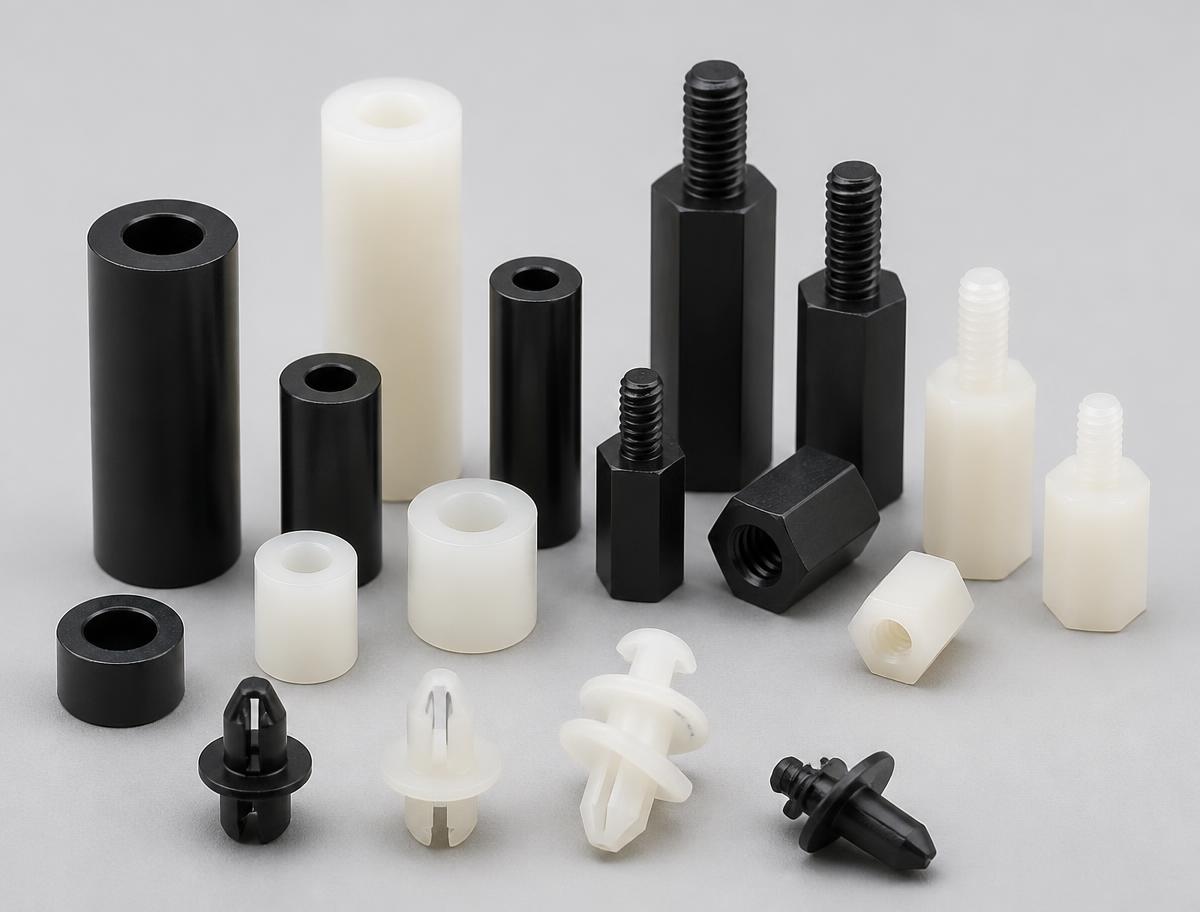 Assortment of black and natural nylon spacers, hex threaded standoffs and snap-in PCB supports in several lengths