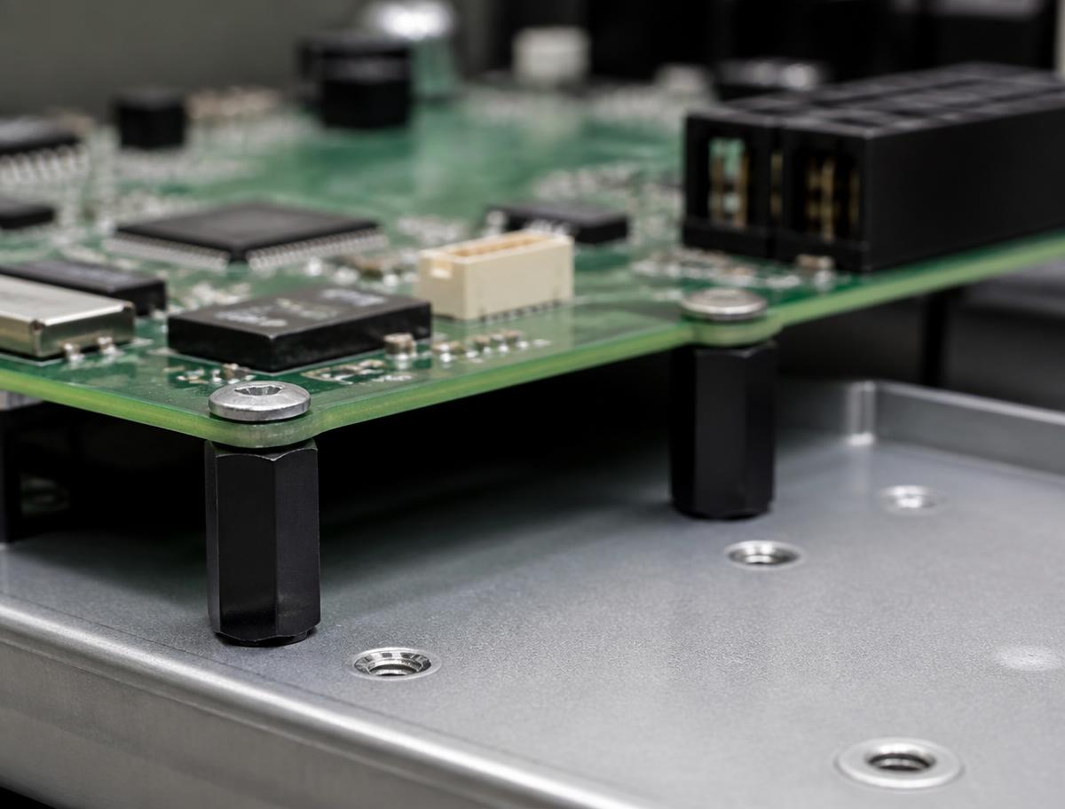 Green circuit board mounted above a metal chassis plate on four black nylon hex standoffs with screws