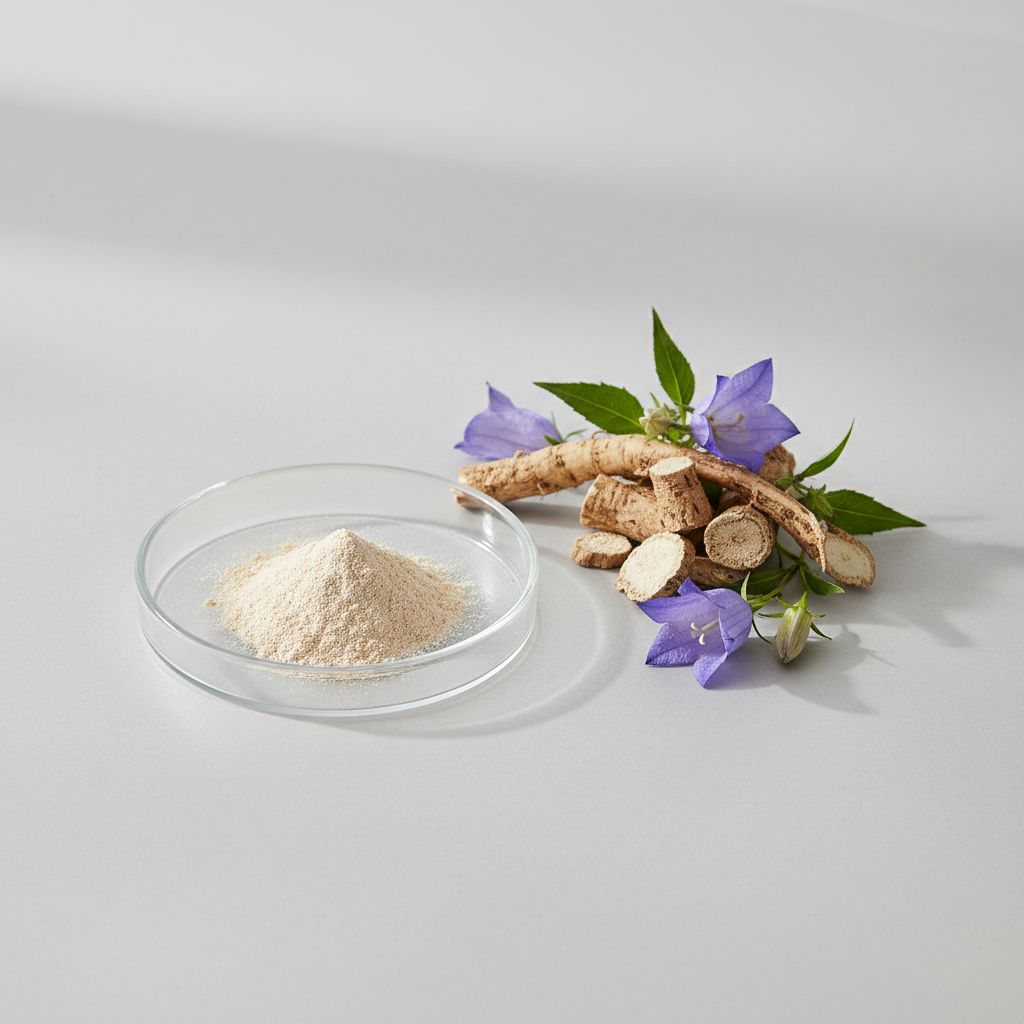 Illustrative studio sample of Platycodon Root Extract beside Platycodon grandiflorus source material
