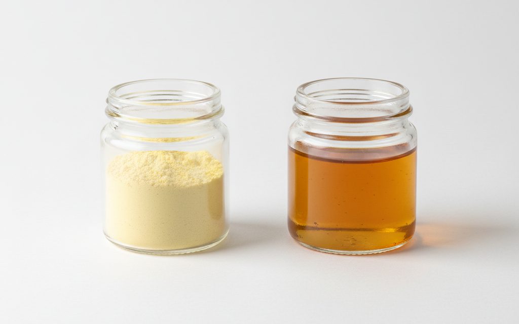 Grade confirmed at quotation — fine, light yellow to bright yellow or white powder, or a clear amber-colored viscous liquid form, studio product photograph