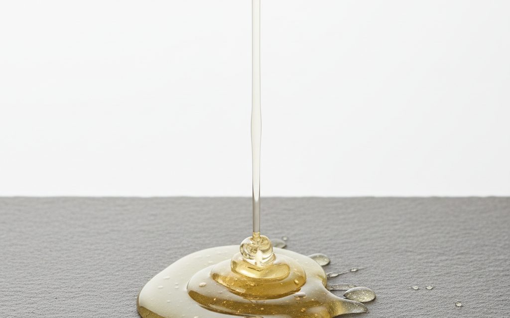 Polyamine Coagulant — clear, colorless to pale yellow, viscous liquid; flows like light honey and is completely miscible in water, studio product photograph