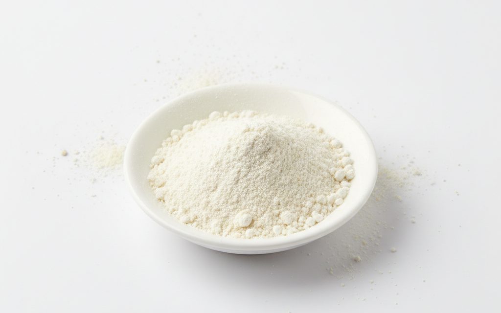 Polycarboxylate Ether Superplasticizer — off-white to light yellowish free-flowing powder or viscous liquid, designed for rapid dispersion in aqueous cementitious mixtures, studio product photograph