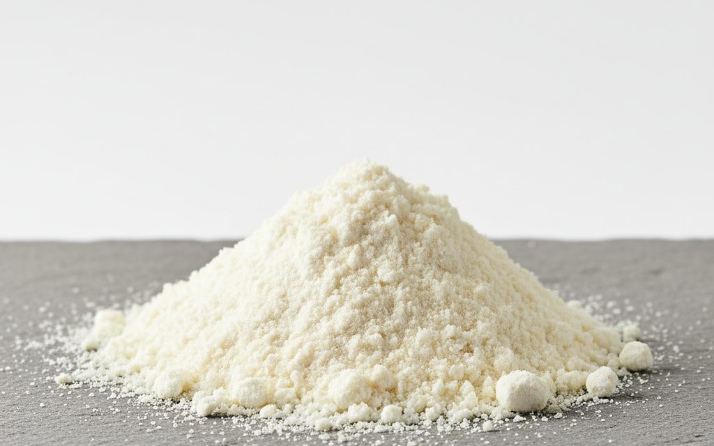 Polydextrose — an amorphous, off-white to light yellow powder or granules, highly hygroscopic, often presented as a dense, fine-grained material, studio product photograph