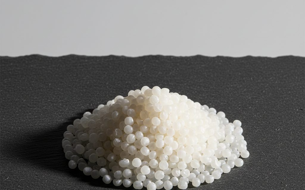 Grade confirmed at quotation — translucent to milky-white thermoplastic pellets, typically 2-5mm in size, featuring a smooth, waxy surface texture, studio product photograph
