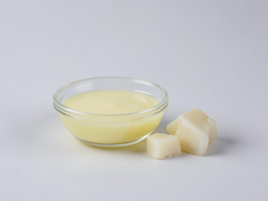 Polyglycerol esters of fatty acids shown as a pale viscous emulsifier in a glass dish beside waxy solid pieces in a neutral studio photograph