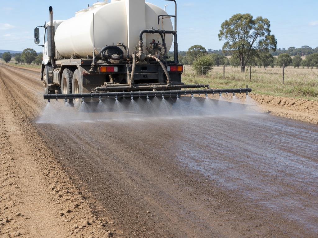 Polymer binder sprayed onto an unpaved road — generic product illustration