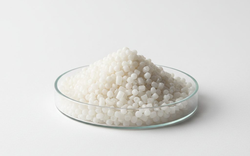Grade confirmed at quotation — hard, translucent or white cylindrical or spherical pellets, appearing as rigid, non-tacky grains in a laboratory dish, studio product photograph