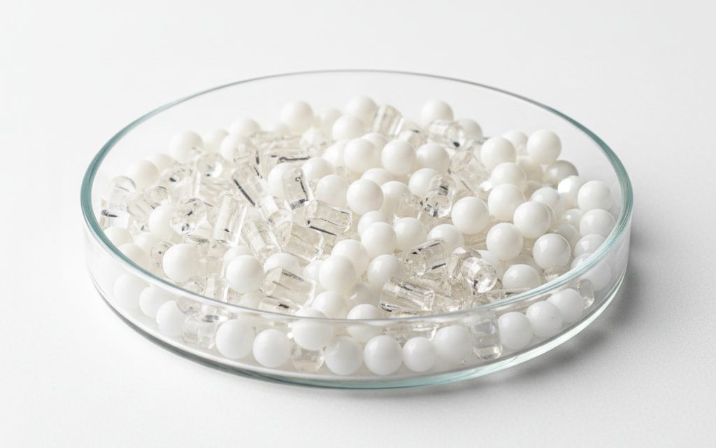 Grade confirmed at quotation — hard, transparent crystal-clear pellets or opaque white beads with a glossy finish and sharp, rigid edges, studio product photograph