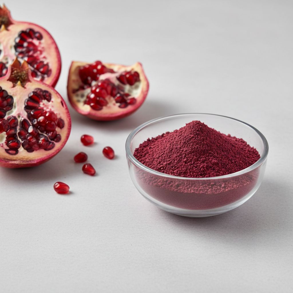 Illustrative studio sample of Pomegranate Juice Powder beside Punica granatum source material