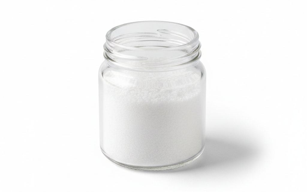 Grade confirmed at quotation — fine white crystalline powder or uniform granules, odorless and dry to the touch, resembling refined baking soda in appearance, studio product photograph