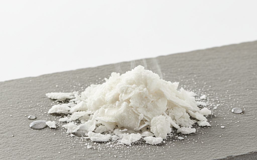 Grade confirmed at quotation — white flakes or small hygroscopic granules, often feeling slightly warm to the touch when dissolved in water due to exothermic reaction, studio product photograph
