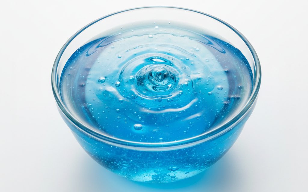 Grade confirmed at quotation — highly viscous, clear blue liquid with a thick consistency, designed to coagulate microscopic particles into larger filterable masses, studio product photograph