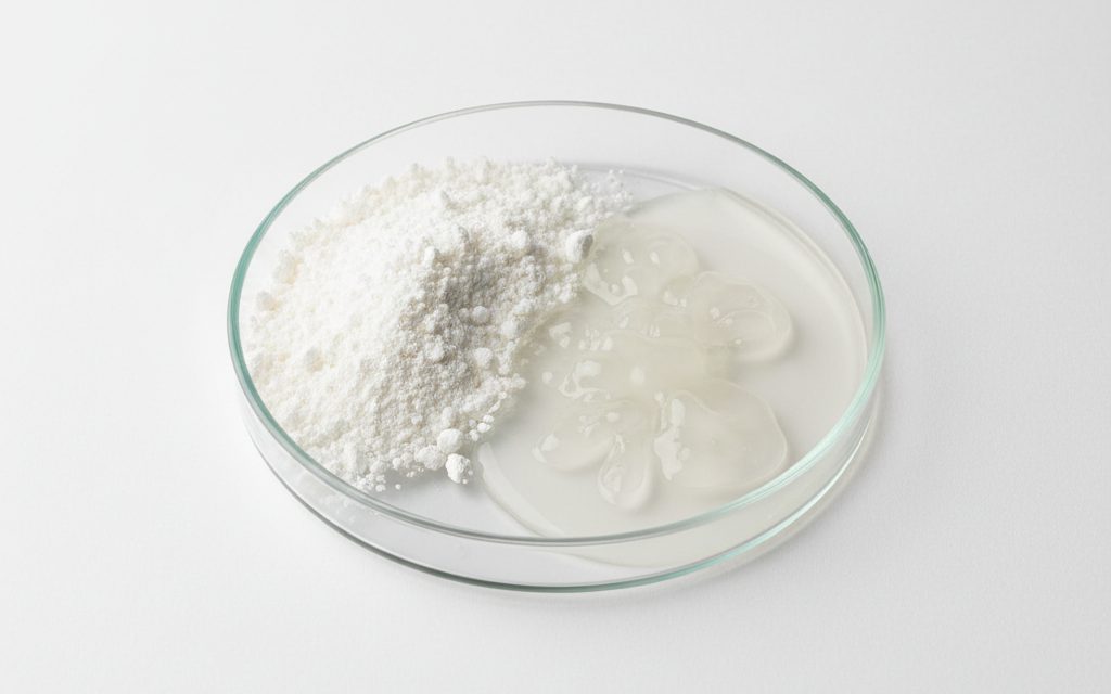 Grade confirmed at quotation — coarse white granules or clear viscous liquids that create gelatinous precipitates when introduced to water for heavy particle settling, studio product photograph
