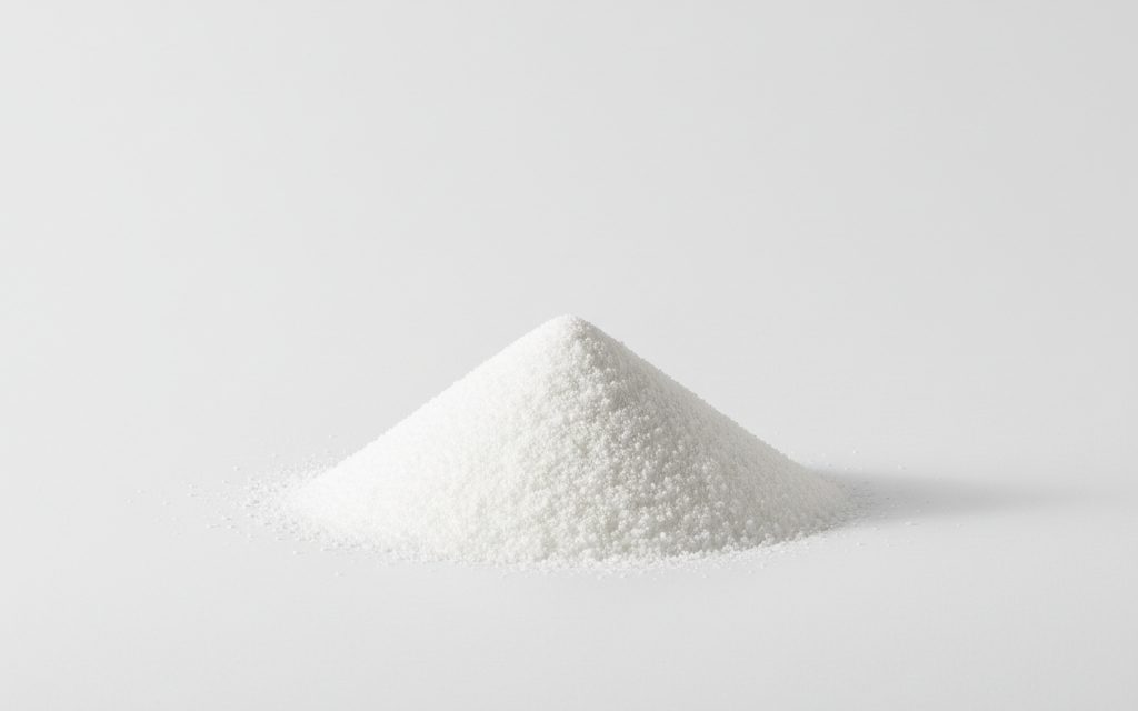 Grade confirmed at quotation — white, odorless, dry granular solid or dense powder that dissolves readily in water to raise potential hydrogen levels, studio product photograph