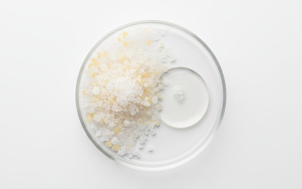 Grade confirmed at quotation — dry, white to yellowish granular crystals or acidic liquid concentrates used to lower water alkalinity and potential hydrogen levels, studio product photograph