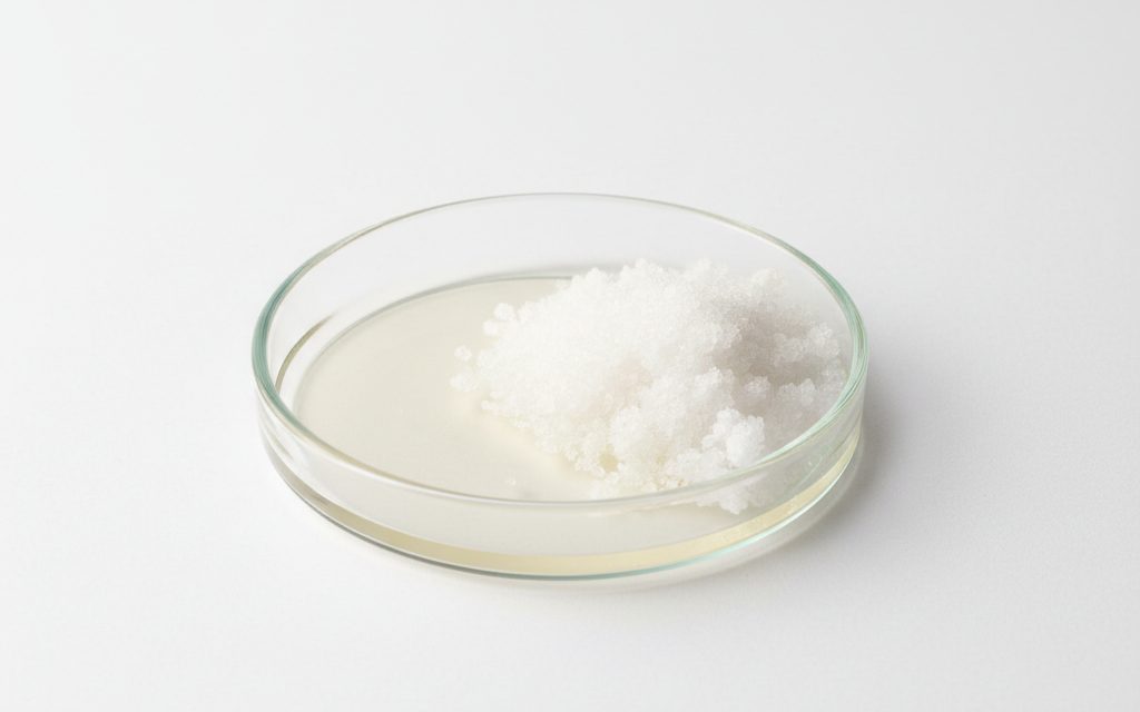 Grade confirmed at quotation — clear to pale straw-colored liquid or white granular solid with a slight chemical odor, soluble in water for pool treatment, studio product photograph