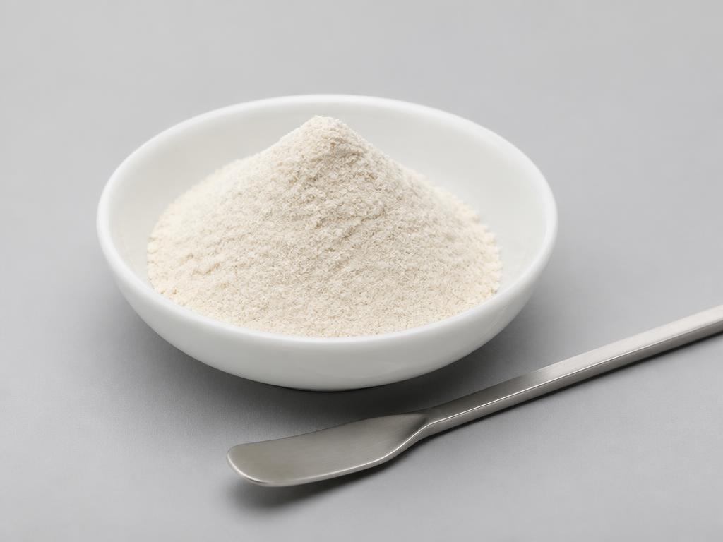 Cream-white potassium alginate powder in a white ceramic dish with a stainless steel spatula on a neutral studio background