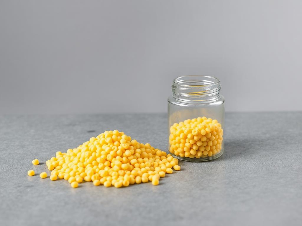 Bright yellow potassium amyl xanthate pellets heaped beside a clear glass sample jar on a grey slate studio surface