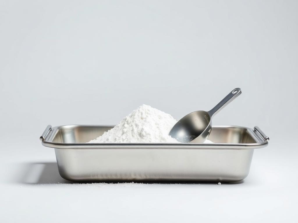 Fine white potassium bicarbonate crystalline powder heaped in a stainless steel tray with a scoop on a bright neutral studio background
