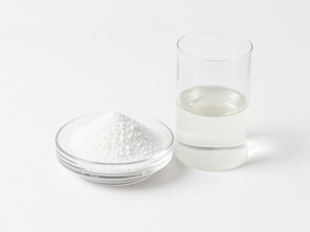 White granular potassium citrate in a plain glass dish beside a clear beaker — studio category illustration
