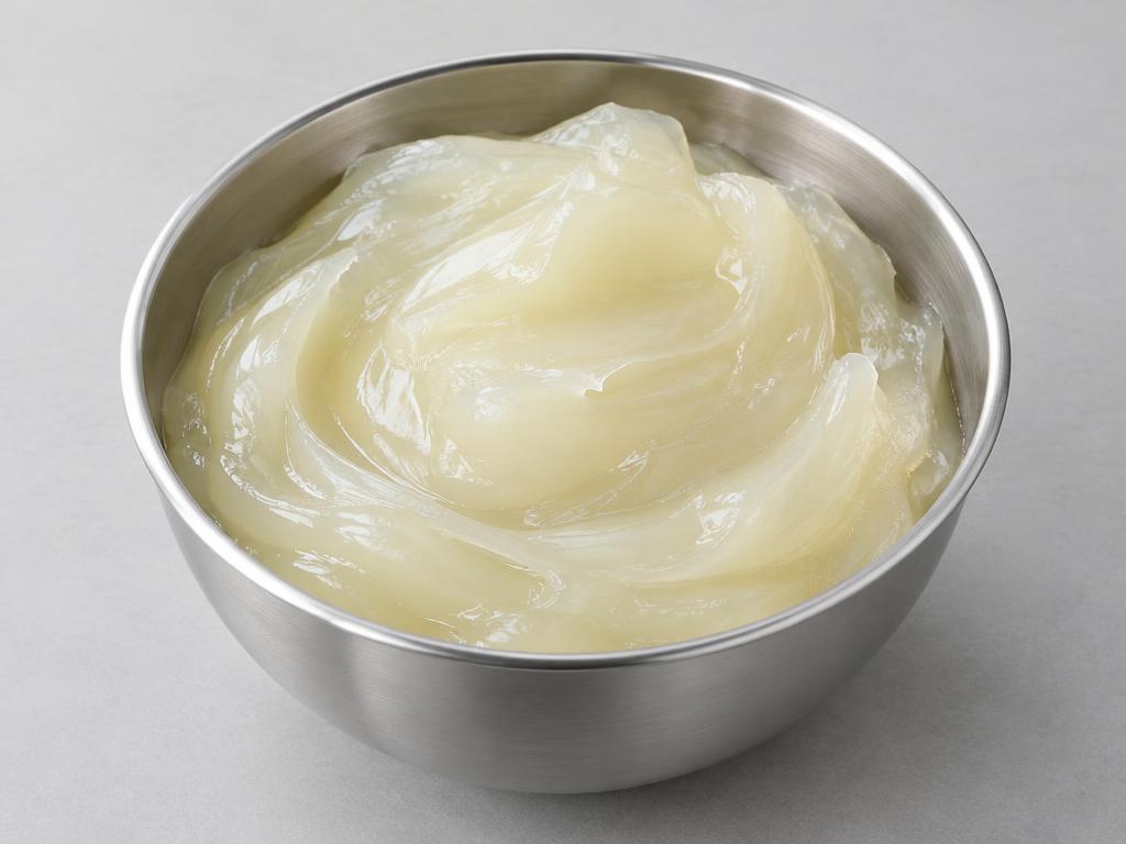 Potassium Cocoate / Glycerin Blend — studio photograph of a thick translucent pale cream soap paste in a stainless steel bowl