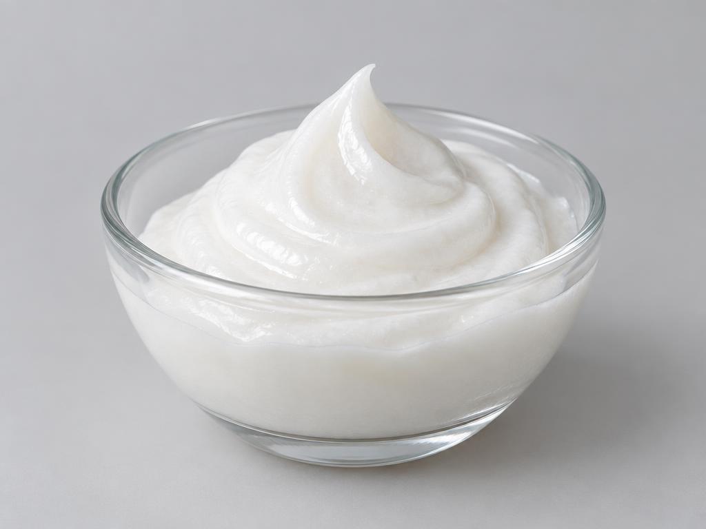 Potassium Cocoyl Glycinate / Potassium Cocoate Blend — studio photograph of a thick pearly white soap paste peaked in a clear glass bowl