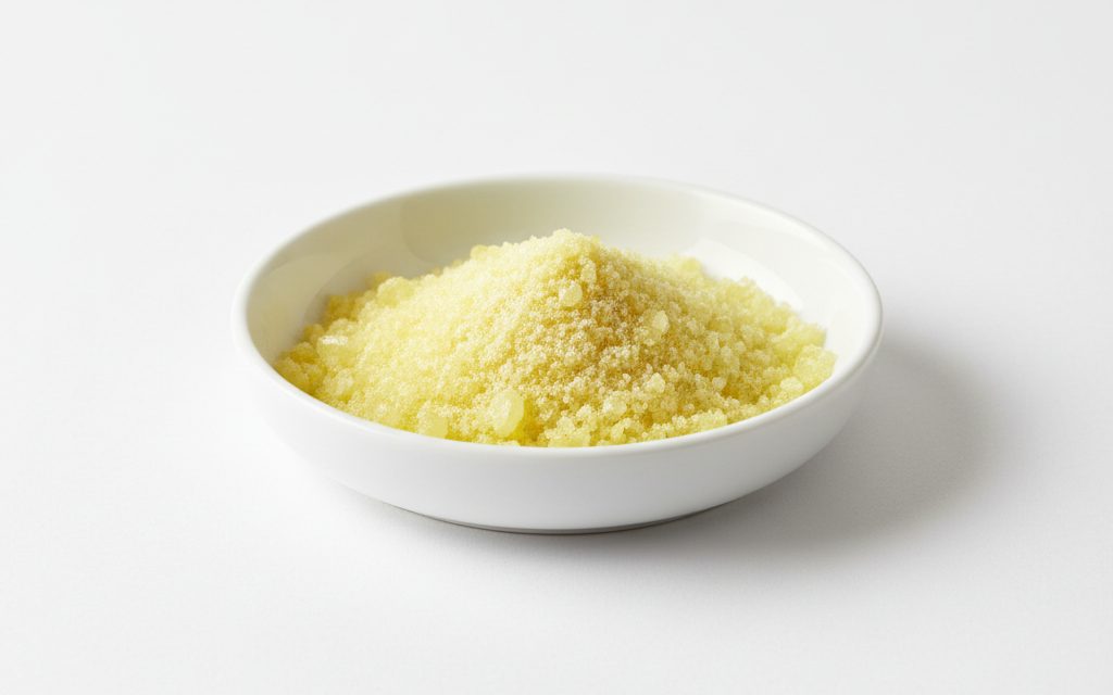 Grade confirmed at quotation — distinctive lemon-yellow crystalline granules or fine powder that is odorless and slightly efflorescent when exposed to dry air, studio product photograph