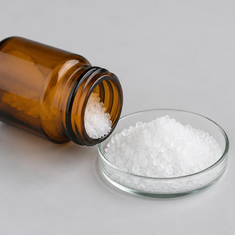 Potassium Iodate — Industrial Grade — studio photograph of white crystalline powder, presented as a B2B sourcing category illustration