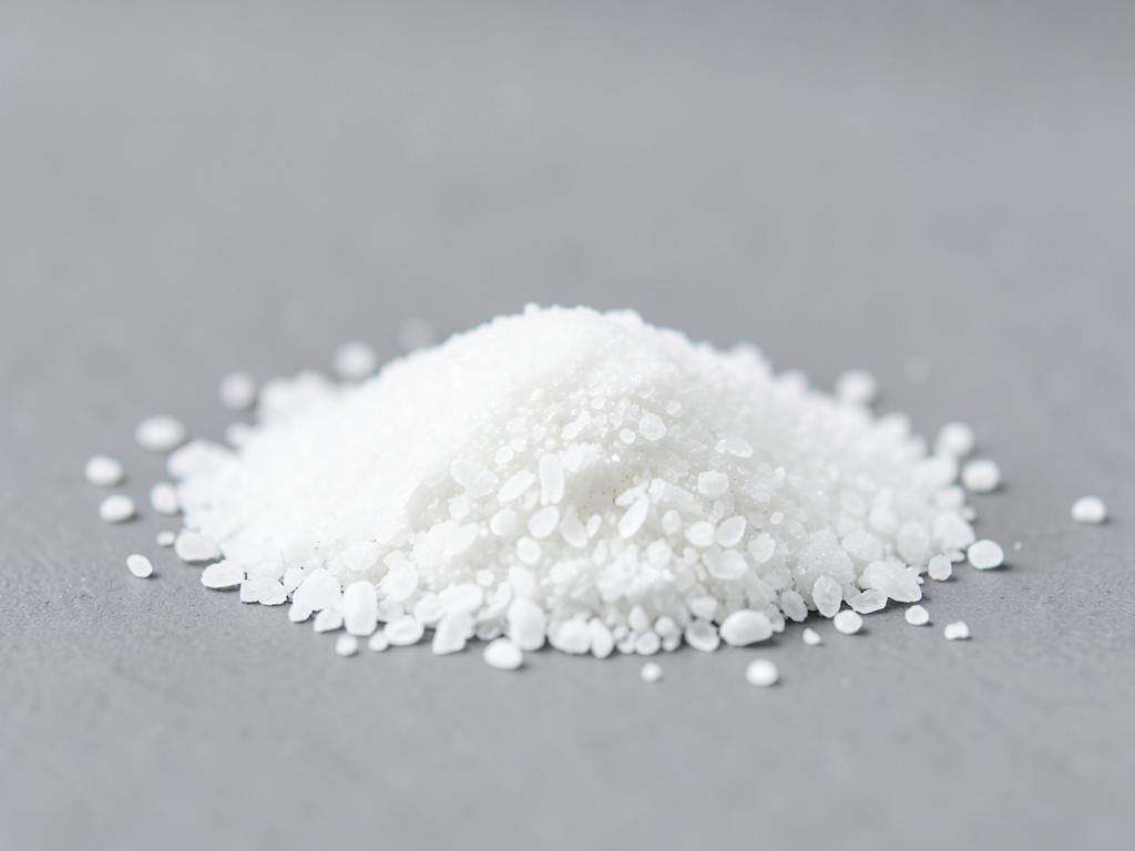 Potassium metabisulfite shown as small white crystalline granules heaped on a matte grey surface in a neutral studio photograph