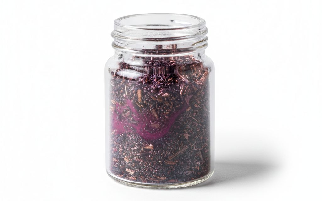 Grade confirmed at quotation — dark purple or bronze-colored lustrous needles or granular crystals that produce an intense magenta color when dissolved, studio product photograph