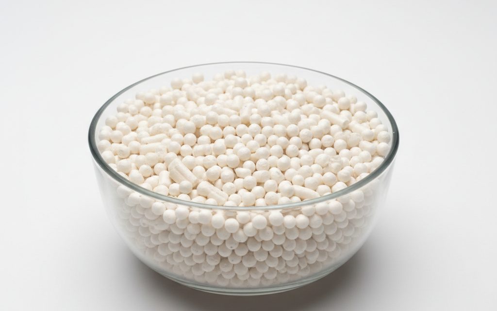 Grade confirmed at quotation — white to off-white spherical granules or extruded pellets with a mild, characteristic odor, studio product photograph